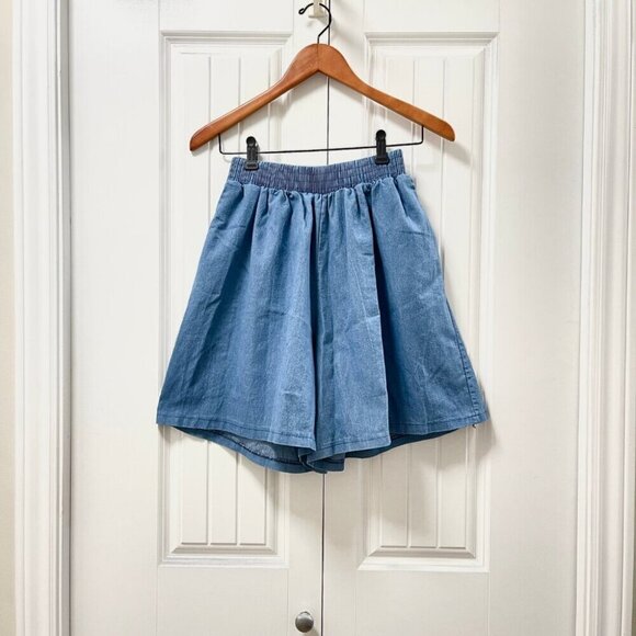 High Waist Flouncy Chambray Denim Shorts Blue - Picture 1 of 9